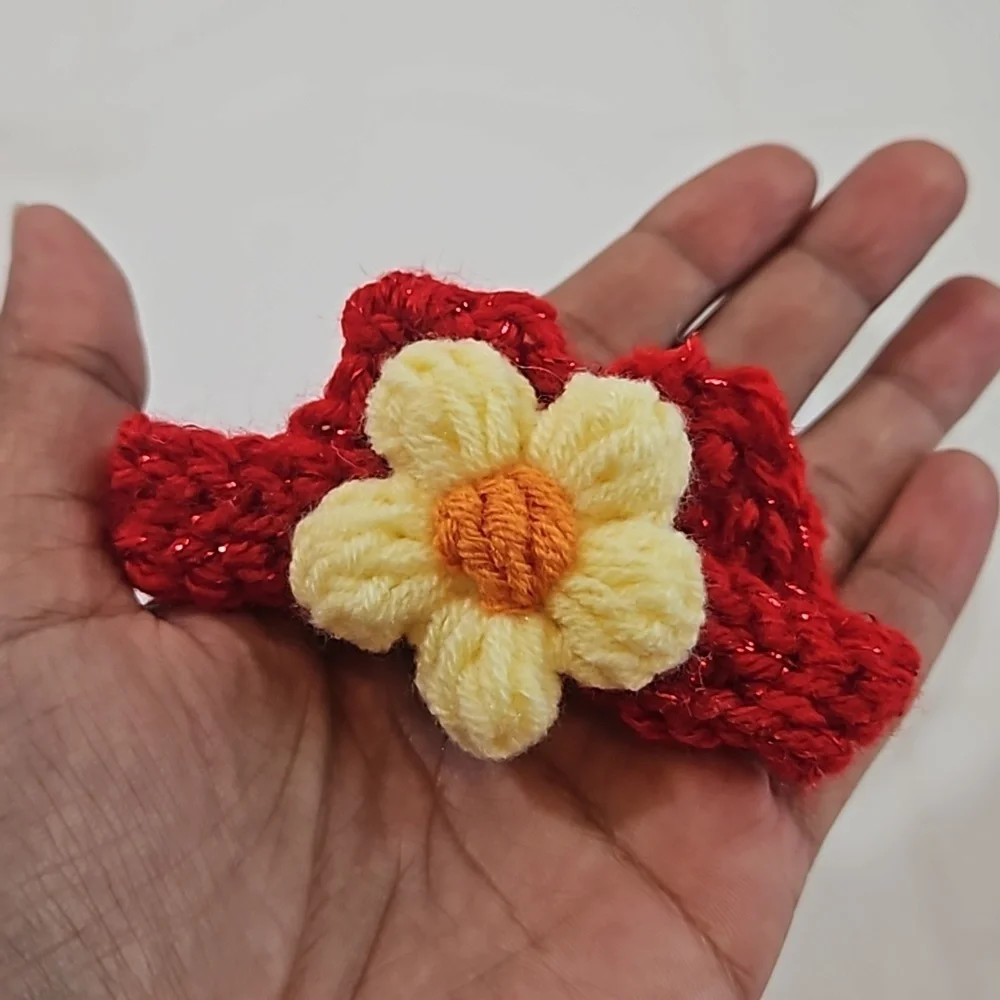 Hand Crafted Hand Knit Crochet Bow Hair Clip Red & Yellow puffy crocheted flower